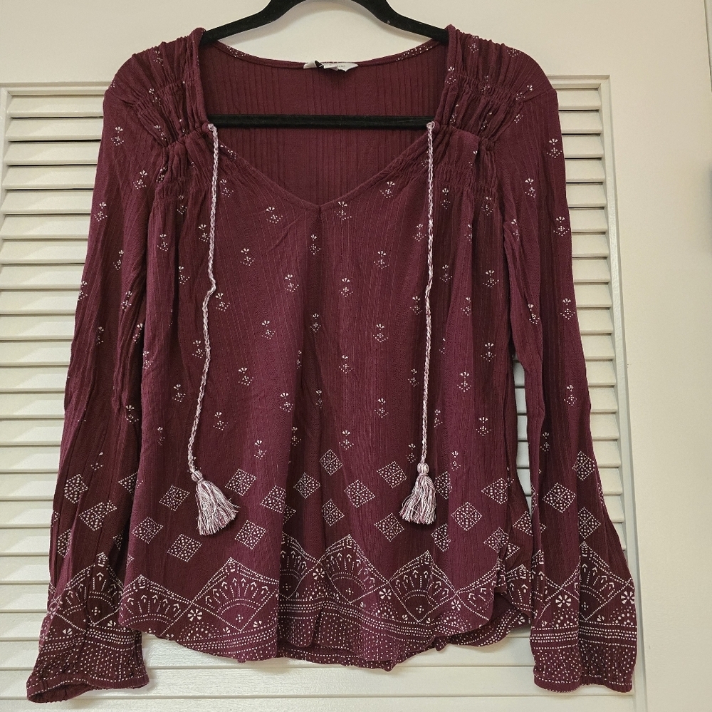 Lucky Brand - Bohemian Lightweight Burgundy & White Long-Sleeve Top